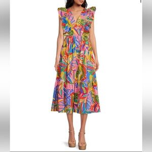 Sugarlips Botanical Tropical Poplin Tiered Midi Dress (Medium)